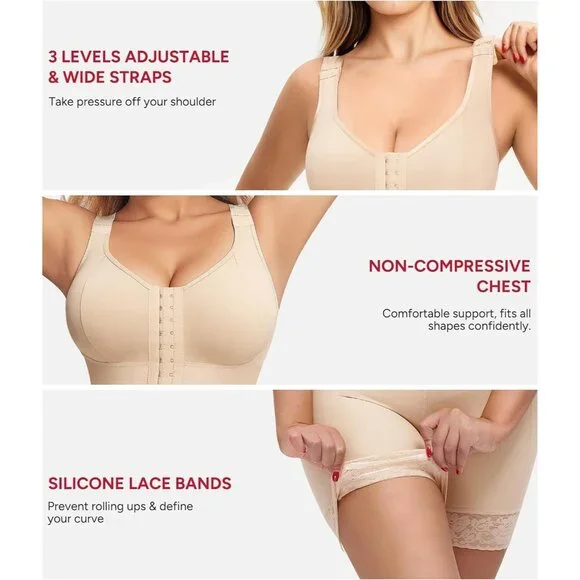 Women's Bodysuit Zipper Crotch Shapewear Control Beige Body Shaper Lifter - Picture 5 of 7